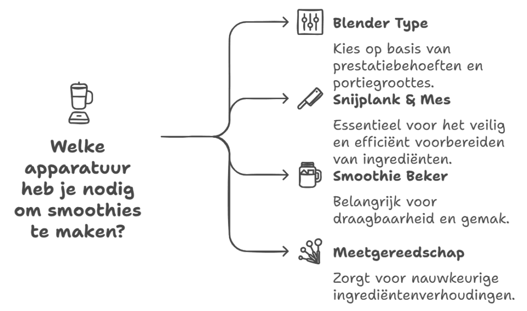 Smoothie maken wat heb je nodig, blender, mes, snijplank, maatbekers of lepels en een smoothiebeker