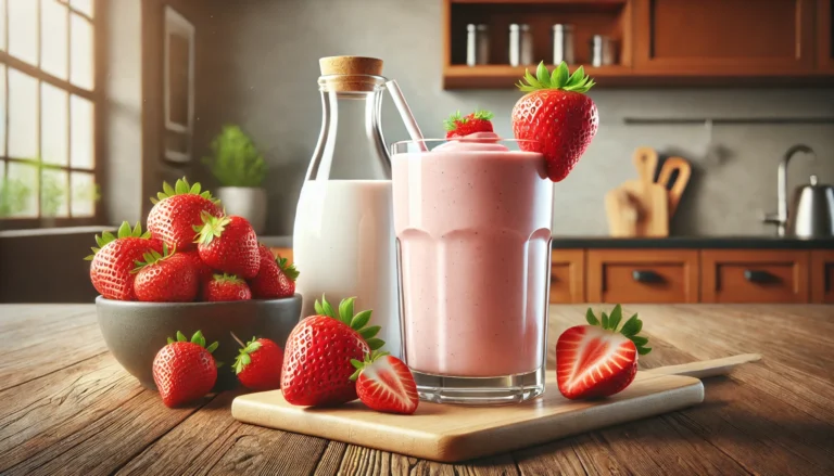 Realistische afbeelding van een aardbeien-smoothie gegarneerd met een aardbei op een houten snijplank.