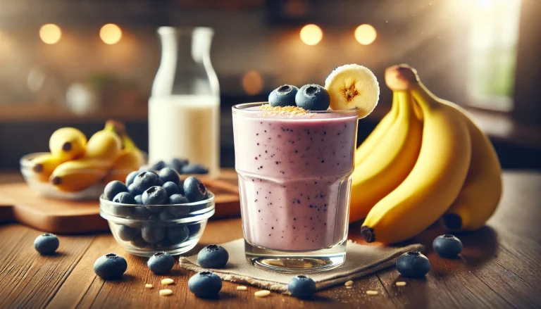 Zeer realistische afbeelding van een banaan-blauwe bessen smoothie in een glas, gegarneerd met een schijfje banaan en verse blauwe bessen, omringd door een rijpe banaan, een schaaltje blauwe bessen en een glas amandelmelk, op een houten keukenblad.