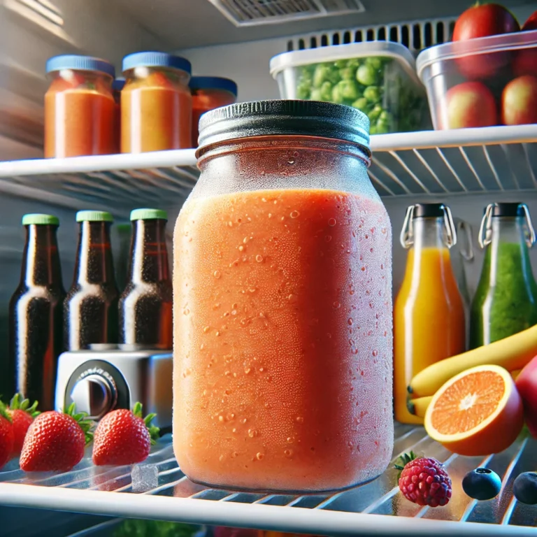 Een vers gemaakte smoothie in een afgesloten glazen pot, geplaatst in de koelkast. De pot heeft condensdruppels, wat wijst op koele opslag. Op de achtergrond staan donkere flessen, vacuümcontainers en vers fruit, wat verschillende manieren toont om Kan je een smoothie bewaren?