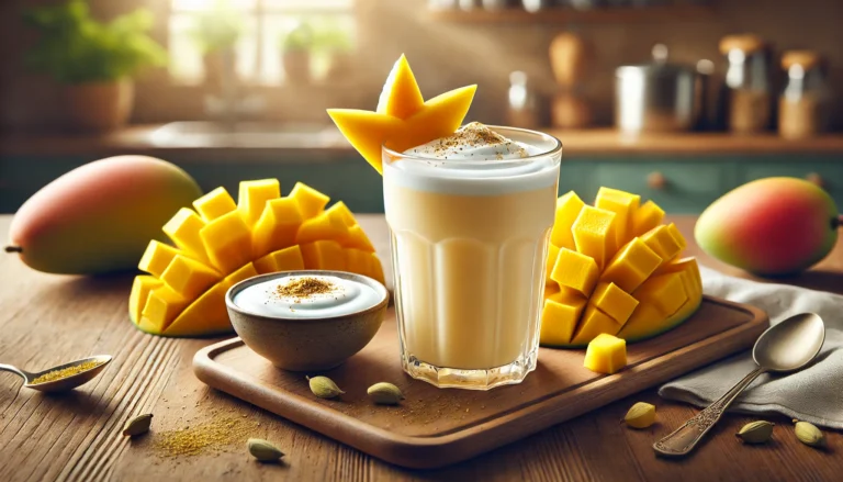 Realistische afbeelding van een mango lassi in een glas, gegarneerd met een plakje verse mango en een snufje kardemom, omringd door stukjes mango en een schaaltje yoghurt.