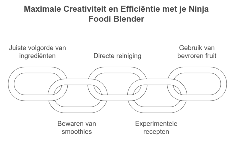 Een infographic met de titel 'Maximale Creativiteit en Efficiëntie met je Ninja Foodi Blender', afgebeeld als een ketting met vijf schakels. Elke schakel bevat een tip: 'Juiste volgorde van ingrediënten', 'Directe reiniging', 'Bewaren van smoothies', 'Experimentele recepten' en 'Gebruik van bevroren fruit'.