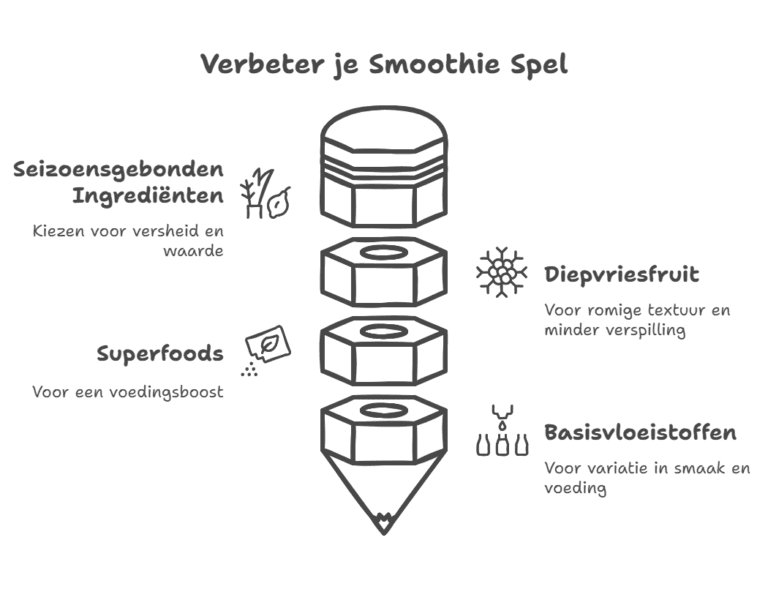 Schematische illustratie met de tekst "Verbeter je Smoothie Spel", waarin vier lagen van smoothie-optimalisatie worden weergegeven: seizoensgebonden ingrediënten (voor versheid en waarde), diepvriesfruit (voor romige textuur en minder verspilling), superfoods (voor een voedingsboost) en basisvloeistoffen (voor variatie in smaak en voeding).