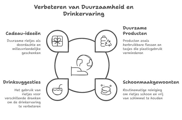 Een infographic met de titel 'Verbeteren van Duurzaamheid en Drinkervaring', bestaande uit vier cirkels rondom een centraal symbool van de aarde. De secties zijn: 'Cadeau-ideeën' (duurzame rietjes als milieuvriendelijke geschenken), 'Duurzame Producten' (herbruikbare flessen en tasjes die plasticgebruik verminderen), 'Drinksuggesties' (verbeter de drinkervaring met rietjes voor diverse dranken), en 'Schoonmaakgewoonten' (routinematige reiniging voor hygiënisch gebruik). Minimalistisch ontwerp met eenvoudige pictogrammen.