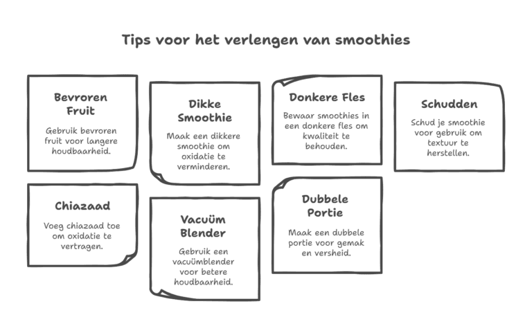 Kan je een smoothie bewaren? Gebruik bevroren fruit voor langere houdbaarheid, maak een dikke smoothie om oxidatie te verminderen, bewaar smoothies in een donkere fles, schud de smoothie voor gebruik, voeg chiazaad toe om oxidatie te vertragen, gebruik een vacuümblender voor betere houdbaarheid en maak een dubbele portie voor gemak en versheid. Deze methoden helpen bij het bewaren van een smoothie.