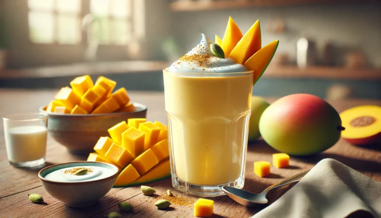 Zeer realistische afbeelding van een mango lassi smoothie in een glas, gegarneerd met een schijfje mango en een snufje kardemom, omringd door stukjes mango, een schaaltje yoghurt en een lepel, op een houten keukenblad met zachte natuurlijke verlichting