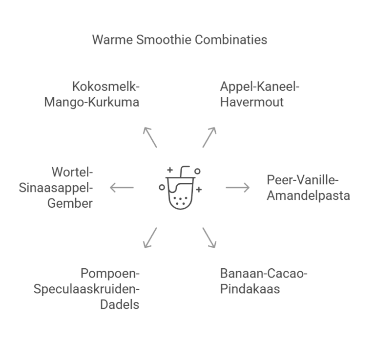 Overzicht van zes verrassende warme smoothie combinaties in een schematische weergave rond een smoothie-icoon. De combinaties zijn: Kokosmelk-Mango-Kurkuma, Appel-Kaneel-Havermout, Peer-Vanille-Amandelpasta, Banaan-Cacao-Pindakaas, Pompoen-Speculaaskruiden-Dadels, en Wortel-Sinaasappel-Gember. Pijlen wijzen van het icoon naar elke smaakcombinatie.