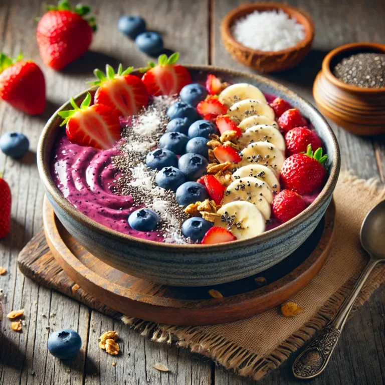 Een dikke paarse smoothie bowl, gegarneerd met aardbeien, blauwe bessen, banaan, granola, chiazaad en kokosvlokken, geserveerd in een keramische kom op een rustieke houten tafel.