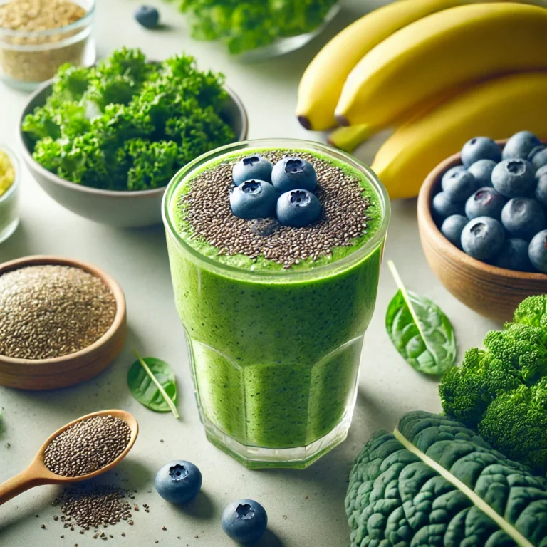Groen smoothie in een glas, getopt met chiazaad en blauwe bessen, omringd door superfoods zoals boerenkool, banaan en een schaaltje hennepzaad, op een lichte keukenaanrecht met een frisse uitstraling.