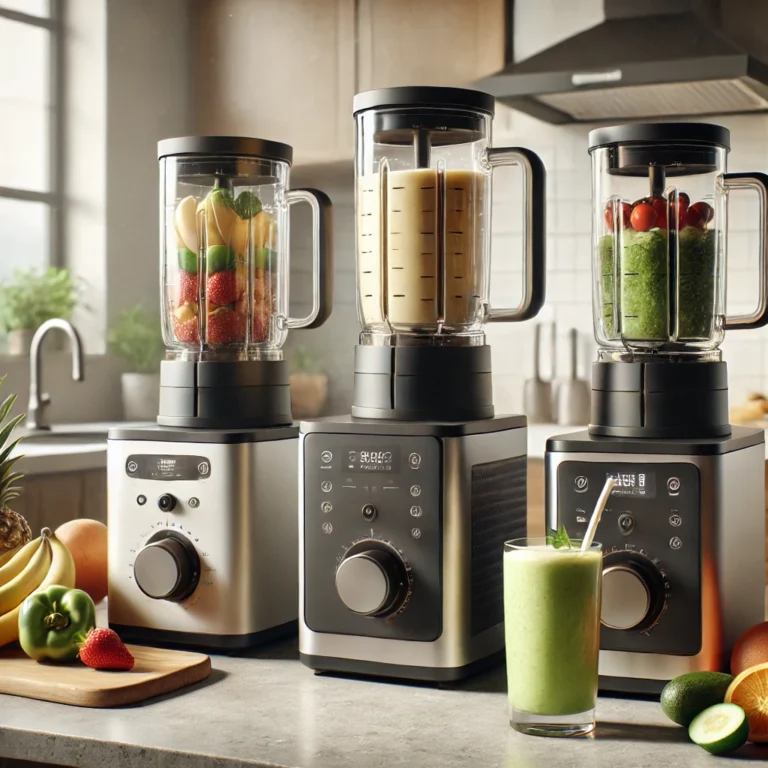 Vergelijkingsafbeelding van drie smoothiemakers: een compacte budgetoptie, een grotere middenklasse versie met extra functies en een premium model met geavanceerde instellingen. Op de achtergrond staan vers fruit en een smoothieglas voor context.
