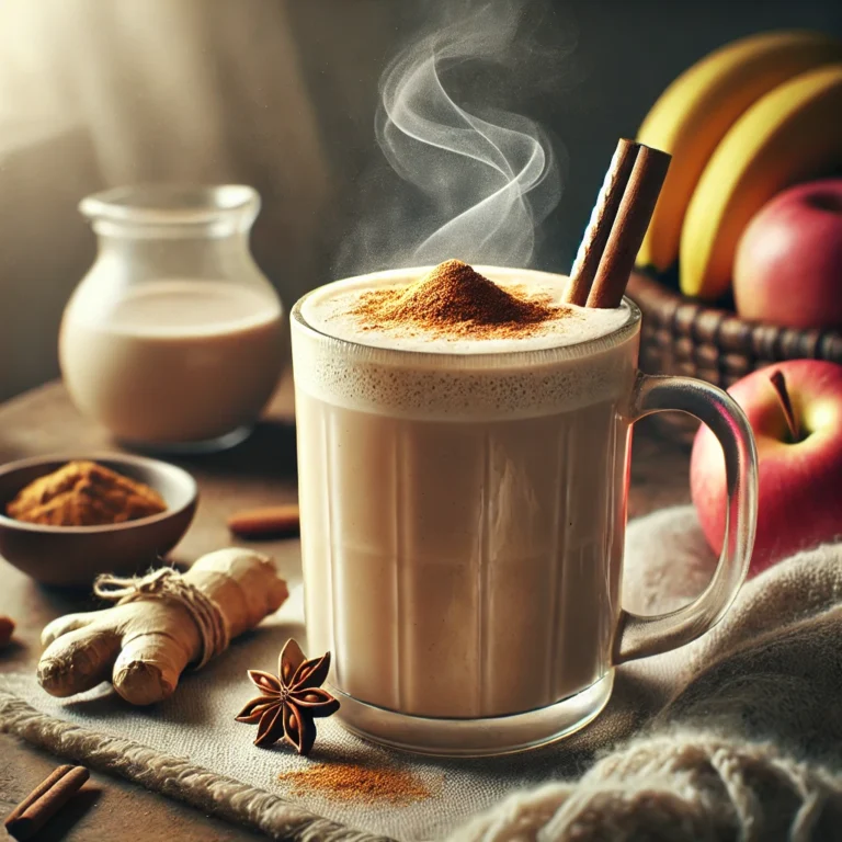 Warme smoothie in een helder glazen mok, met opstijgende stoom, bestrooid met kaneel en een kaneelstokje op de rand. Omgeven door appels, bananen, gember en een warme deken op een houten tafel