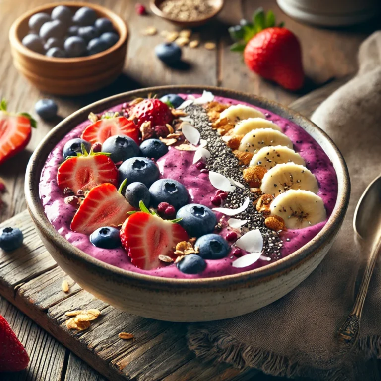 Smoothie bowls met dikke paarse basis, versierd met aardbeien, blauwe bessen, banaan, granola, chiazaad en kokosvlokken, geserveerd op een rustieke houten tafel.