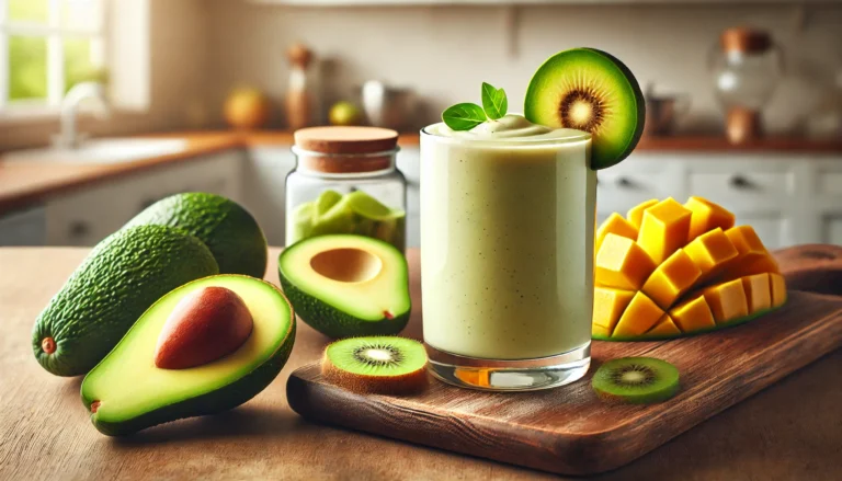Realistische afbeelding van een avocado smoothie in een glas, gegarneerd met een schijfje avocado, omringd door avocadohelften, plakjes kiwi en stukjes bevroren mango, op een houten keukenblad.