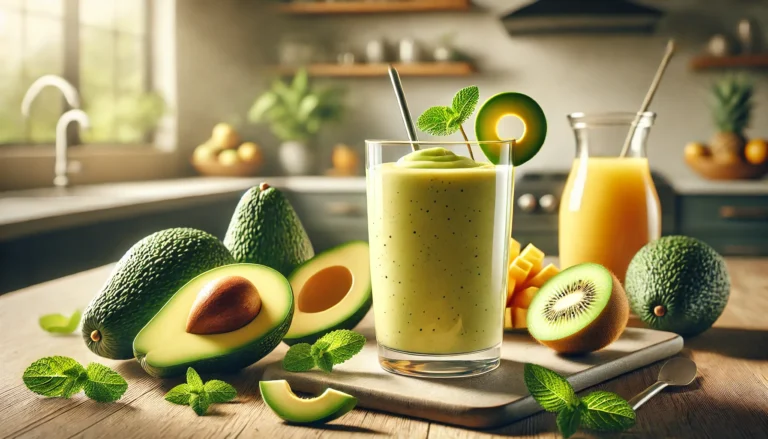 Zeer realistische afbeelding van een avocado smoothie in een glas, gegarneerd met een plakje avocado en een takje munt, omringd door avocadohelften, plakjes kiwi en een glas sinaasappelsap, op een houten keukenblad.