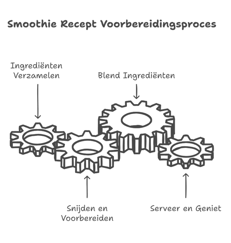Stapsgewijs voorbereidingsproces voor een smoothie met een draadloze smoothie blender. Illustratie met tandwielen die de stappen tonen: ingrediënten verzamelen, snijden en voorbereiden, blenden en serveren.