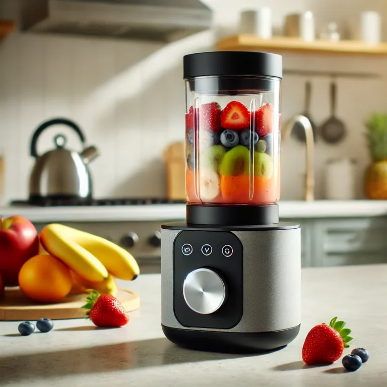 Een moderne draadloze smoothie blender op een keukenblad, gevuld met vers fruit zoals aardbeien, blauwe bessen, kiwi en banaan. Verse ingrediënten liggen eromheen, met een lichte en schone keuken op de achtergrond.