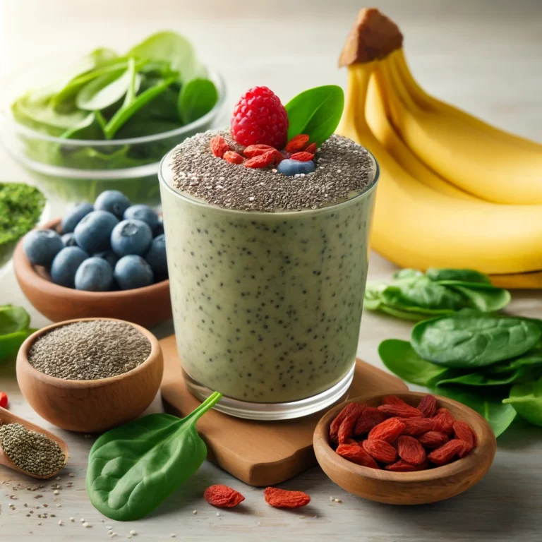 Vers gemaakte smoothie in een glas, gegarneerd met chiazaad en gojibessen, omringd door superfoods zoals spinazie, banaan, blauwe bessen en een schaaltje spirulina poeder, op een lichte houten ondergrond met natuurlijke belichting.
