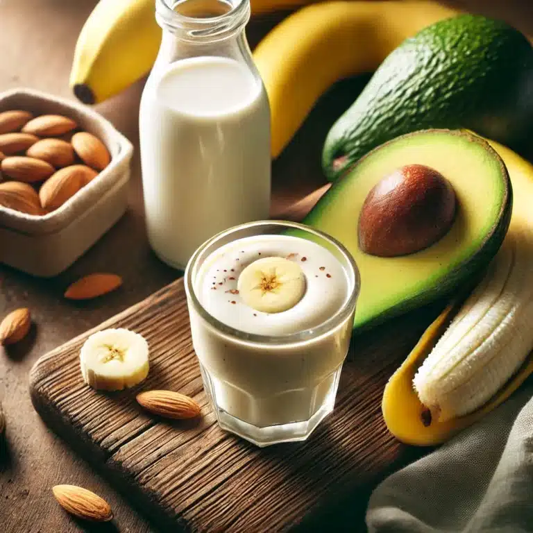 Een klein glas avocado banaan smoothie op een houten tafel, omringd door een avocado, een gepelde banaan en een container amandelmelk.