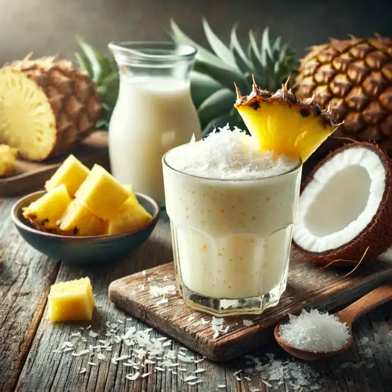 Romige ananas kokos smoothie in een glas, gegarneerd met een schijfje ananas en kokosvlokken, op een houten keukenblad