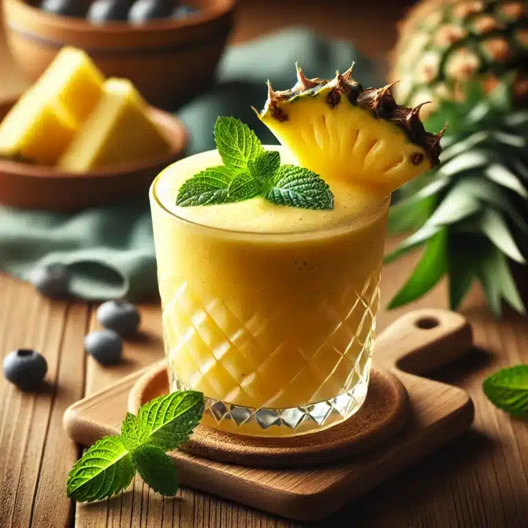 Romige ananas smoothie maken met kokosemelk in een glas, gegarneerd met een schijfje ananas en munt, op een houten tafel.