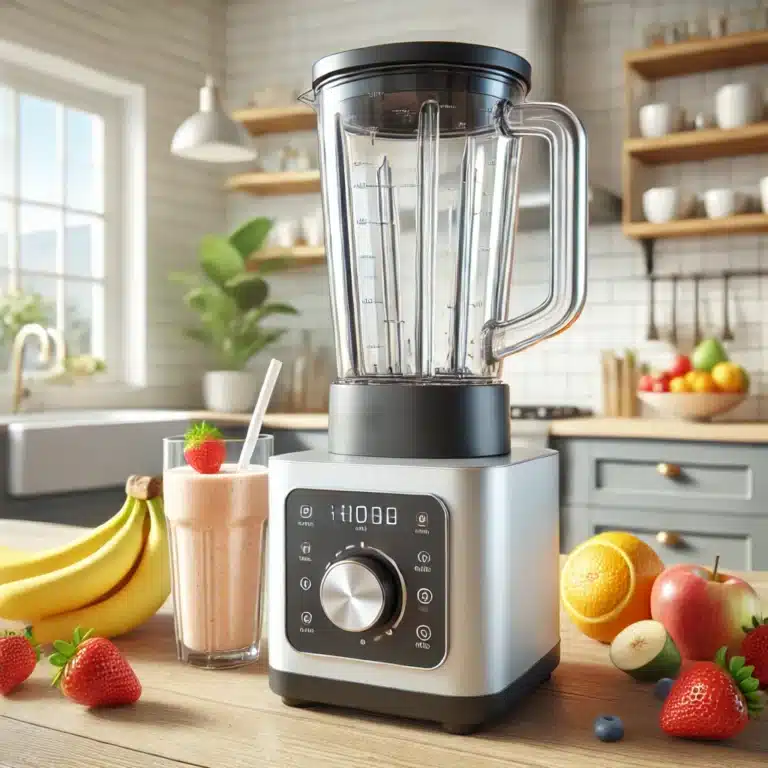 Beste blender tot 50 euro op een keukenblad, omringd door vers fruit en een glas versgemaakte smoothie.