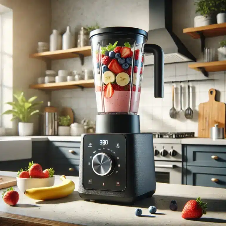 Moderne, stille blender in een stijlvolle keuken, in actie met een kleurrijke smoothie van vers fruit zoals bananen, aardbeien en bosbessen.