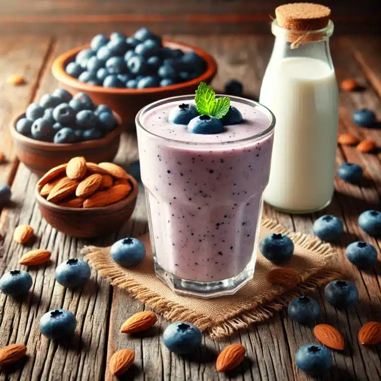 Romige blauwe bes amandel smoothie in een glas, gegarneerd met verse blauwe bessen en amandelschaafsel, op een houten keukenblad.