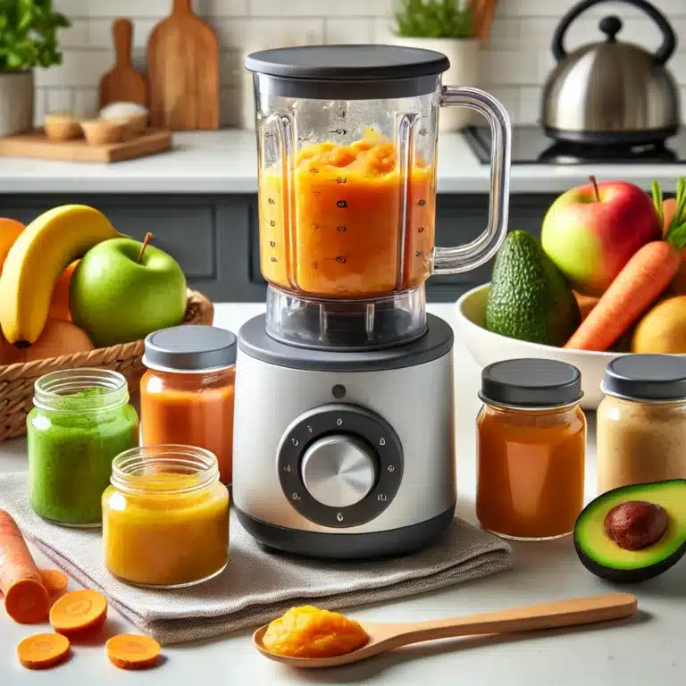 Een moderne keuken met een babyvoedingsblender die gestoomde wortels en zoete aardappel pureert. Ernaast staan glazen potjes met kleurrijke babyhapjes en verse ingrediënten zoals bananen, avocado’s en appels.