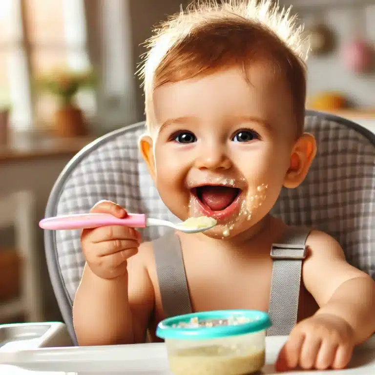 Een blije baby in een kinderstoel eet enthousiast zelfgemaakte babyvoeding uit de blender voor babyvoeding van een lepel. De ogen zijn realistisch en stralen vreugde uit. Er is wat puree rond de mond en de achtergrond toont een gezellige keuken met natuurlijke verlichting.
