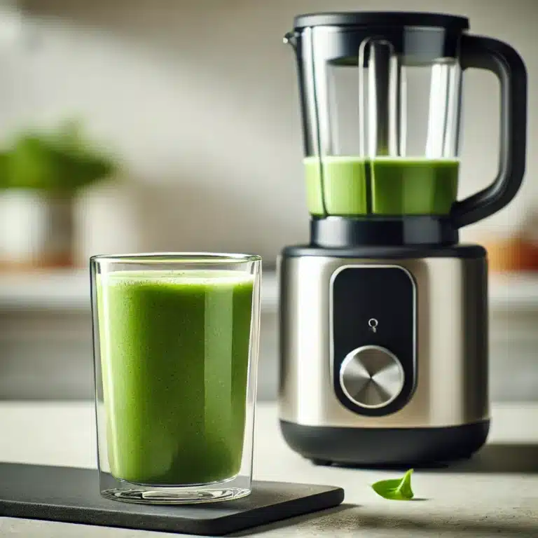 Glas met een zijdezachte groene smoothie zonder luchtbellen, op een keukenblad met een onscherpe Bosch vacuüm blender op de achtergrond.