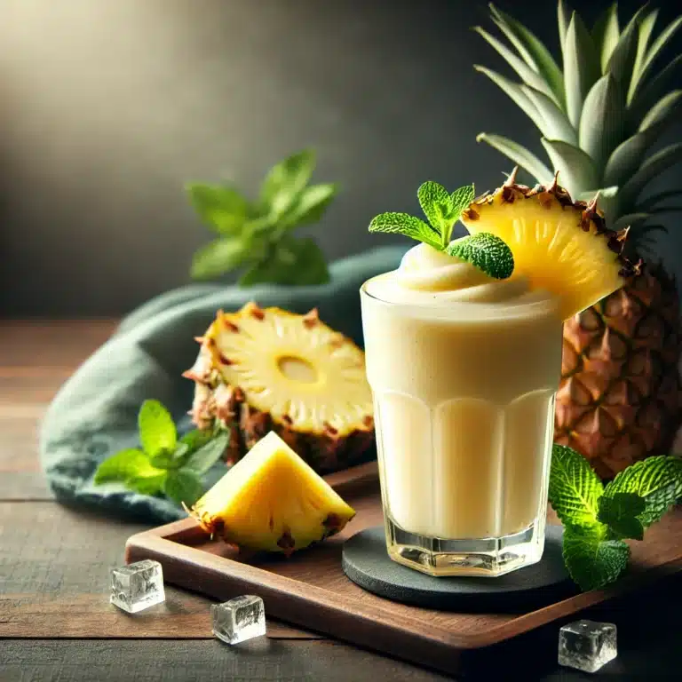 Romige ananas smoothie maken met kokosmelk in een glas, gegarneerd met een schijfje ananas en munt, op een houten tafel.