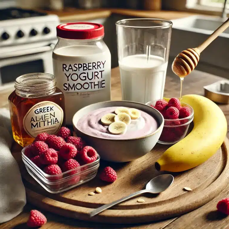 Alle ingrediënten voor een framboos banaan smoothie met yoghurt, netjes gerangschikt op een houten keukenblad.