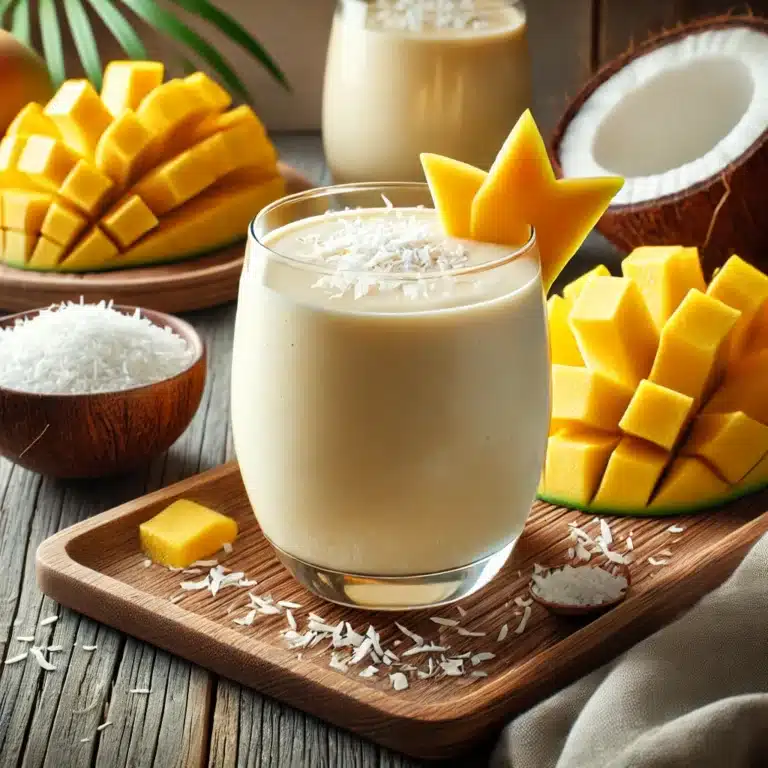 Romige mango kokos smoothie in een glas, gegarneerd met een schijfje mango en kokosvlokken, op een houten ontbijttafel.