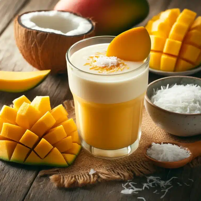 Romige mango kokos smoothie in een glas, gegarneerd met een schijfje mango en kokosvlokken, op een houten keukenblad.