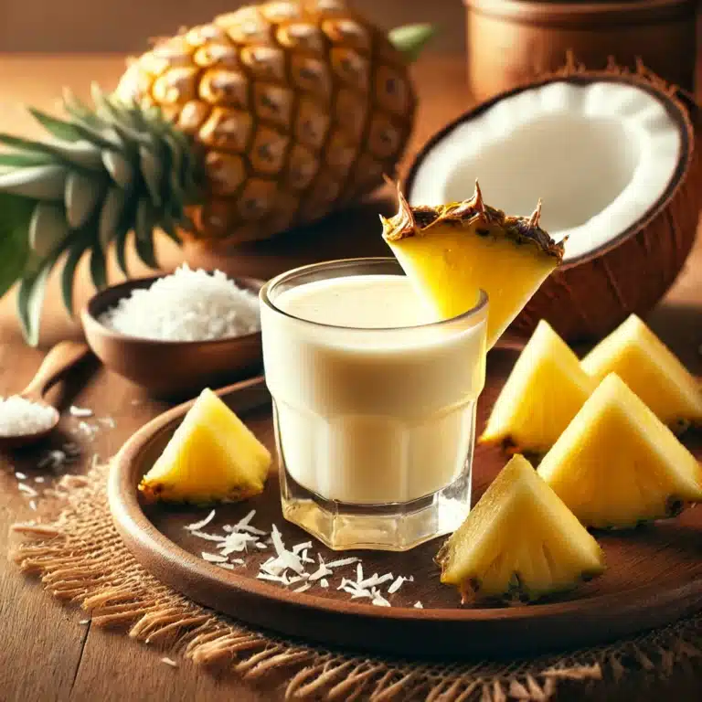 Een klein glas ananas kokos smoothie op een houten ontbijttafel, met verse ananasstukjes ernaast.