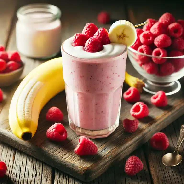 Romige framboos banaan smoothie in een glas, gegarneerd met verse frambozen en een schijfje banaan, op een houten keukenblad.