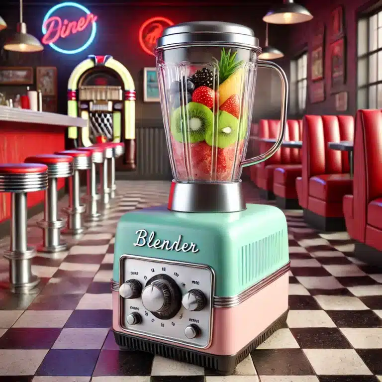 Retro blender met pastelkleuren en chromen accenten in een vintage Amerikaanse diner met roodleren barkrukken, een jukebox en neonverlichting.
