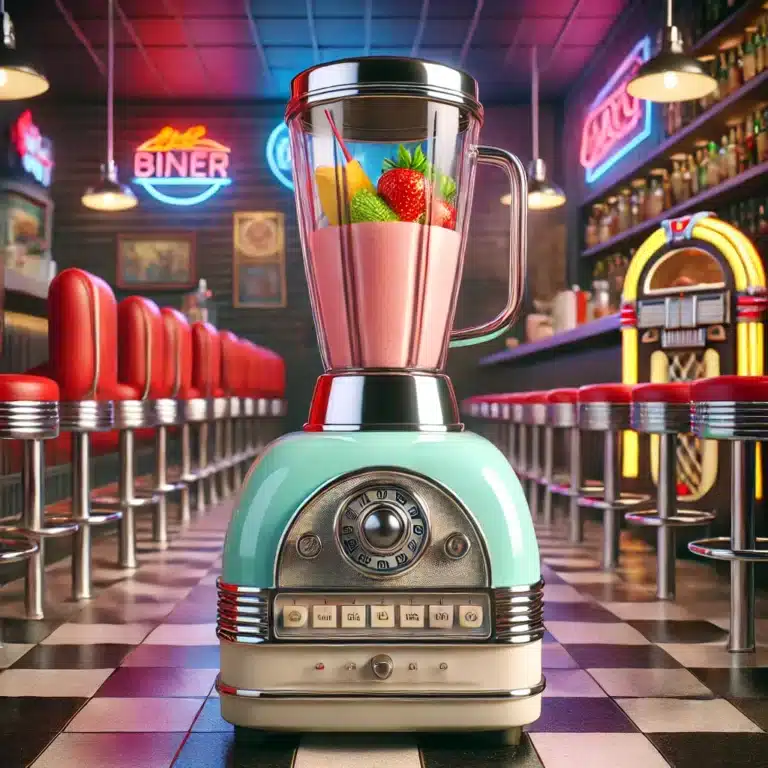 Pastelgekleurde retro blender met chromen accenten in een vintage Amerikaanse diner, met een jukebox, neonverlichting en roodleren barkrukken.