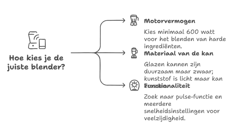 Infographic met tips voor het kiezen van de juiste blender. Bevat drie criteria: motorvermogen (minimaal 600 watt voor harde ingrediënten), materiaal van de kan (glas is duurzaam, kunststof is lichter), en functionaliteit (zoek naar pulse-functie en meerdere snelheden).