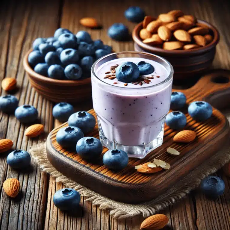 Een klein glas blauwe bes amandel smoothie op een houten ontbijttafel, met verse blauwe bessen en amandelen ernaast