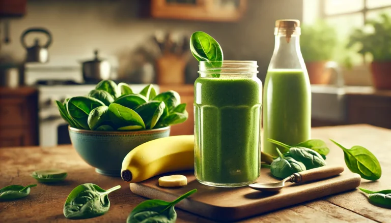 Realistische afbeelding van een groene smoothie met spinazie en banaan, geserveerd in een glas, omringd door verse spinazieblaadjes, een banaan en een flesje kokoswater.