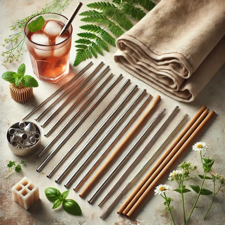 Een stijlvolle compositie van herbruikbare rietjes gemaakt van bamboe, roestvrij staal, glas en siliconen, geplaatst op een natuurlijke achtergrond met een glas smoothie en verse groene accenten. Het beeld benadrukt duurzaamheid en milieuvriendelijkheid.