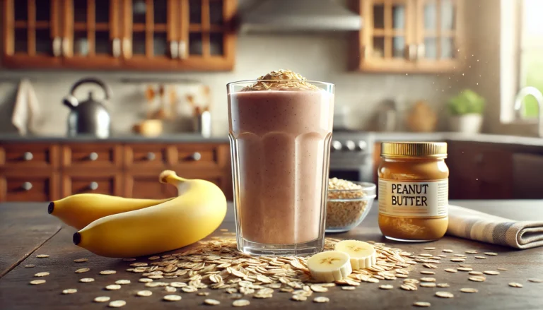 Realistische afbeelding van een ontbijtsmoothie met havermout in een glas, omringd door havervlokken, een banaan en een potje pindakaas, op een houten keukenblad.