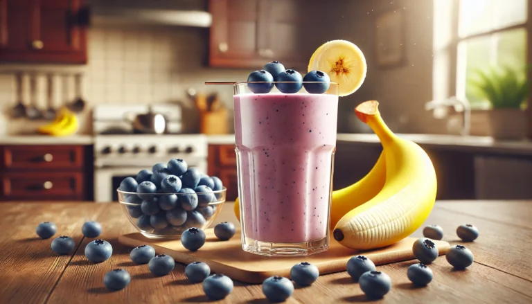 Zeer realistische afbeelding van een banaan-blauwe bessen smoothie in een glas, gegarneerd met een schijfje banaan en verse blauwe bessen, omringd door een rijpe banaan, een schaaltje blauwe bessen en een glas amandelmelk, op een houten keukenblad.