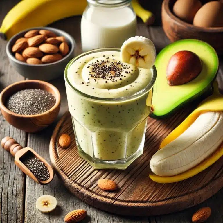Romige avocado banaan smoothie in een glas, gegarneerd met een schijfje banaan en chiazaad, op een houten keukenblad.