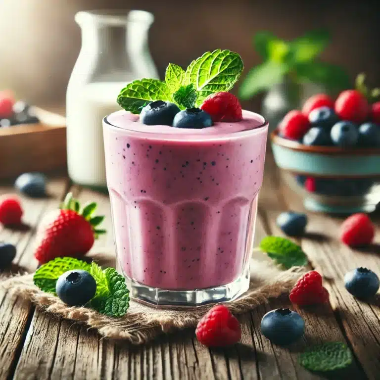Romige bessen smoothie met yoghurt in een glas, gegarneerd met verse bessen en munt, op een houten keukenblad.